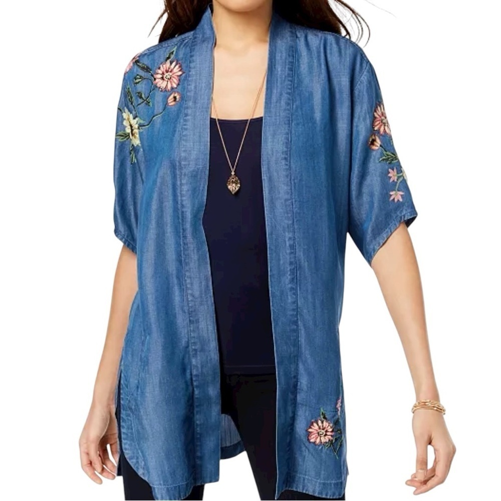 Style & Co. Chambray Embroidered Kimono Cardigan Duster Women’s Size S Floral